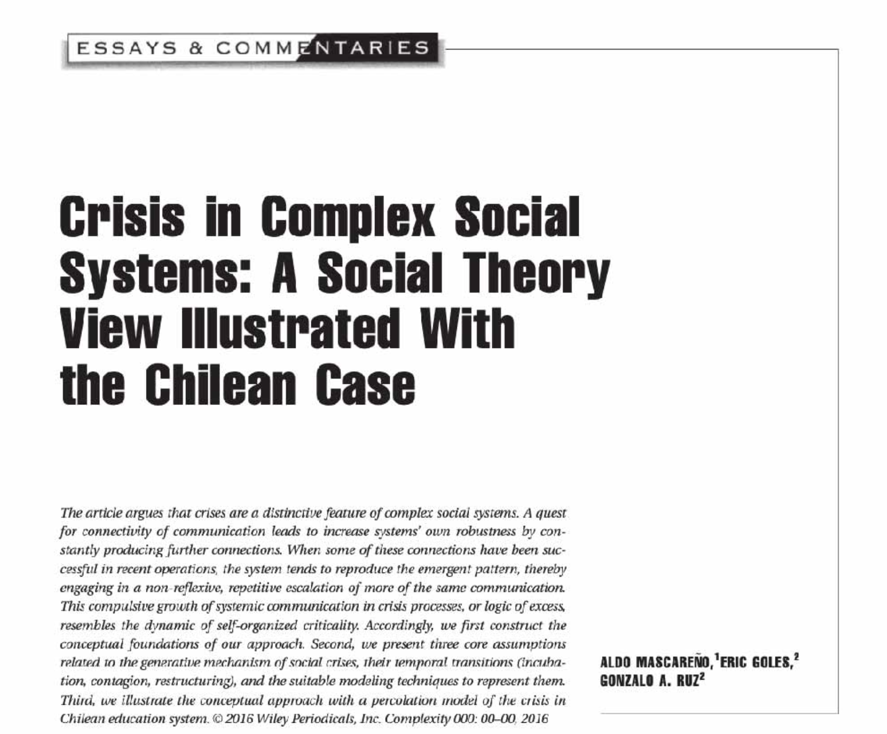 Crisis in Complex Social Systems: A Social Theory View Illustrated With the Chilean Case